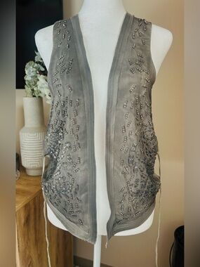 CLOSED NWT 100% Silk Hand Beaded Vest Top L Gray $310 Retail